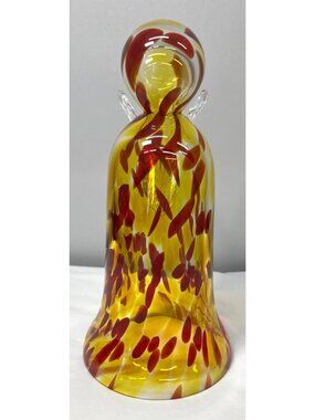 Zorza Handblown Glass Christmas Angel Figurine With Yellow & Red Swirl Pattern